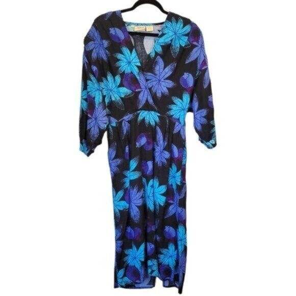 Adini Vintage | Tropical Leaf Berry Printed Surplice Neckline Maxi Dress Blue - Picture 1 of 9
